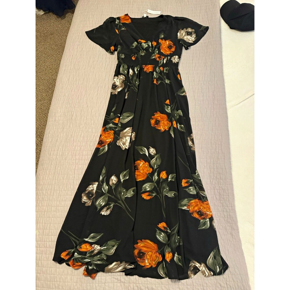 Baltic Born Birdie Maxi Dress Black Rust Green Floral V-Neck Smocked Flutter L